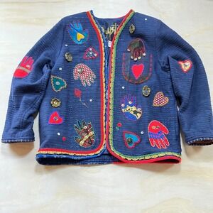 Crystal Handwovens Navy Blue Embroidered Hamsa Heart Folk Art Jacket Women L